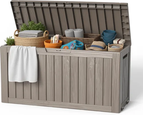 Miniatura 17 de EasyUp Caja de almacenamiento al aire libre de 30 galones, caja de resina para muebles, herramientas de jardín, cajas de almacenamiento exteriores