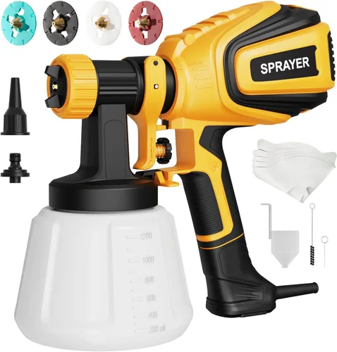 VONFORN Pulverizador de pintura, pistola de pulverización HVLP de 700 W con juntas de limpieza y soplado, 4 boquillas y 3 patrones, fácil de Amarillo