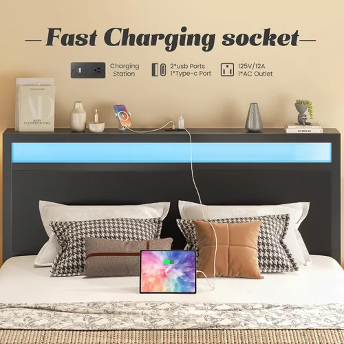 Miniatura 3 de Fluest Queen Bed Frame with Headboard & Footboard, Bed Frame with Built-in Charging Station & LED Light, Storage Shelf, Noise-Free, No Box Spring
