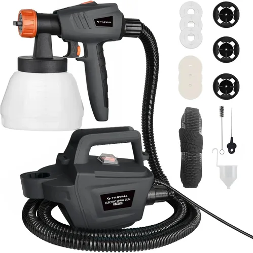 Tilswall Paint Sprayer, 800W HVLP 1200ML/Min Electric Spray Paint Gun with 2.5M Air Hose, 1300ML Detachable Container, 3 Nozzle Sizes & 3 Patterns,
