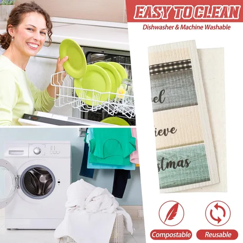 Miniatura 4 de Yinder 6 Piezas Paños de Cocina Suecos de Navidad para Mesa Paños de Platos Reutilizables de Navidad Paños de Limpieza Absorbentes de Secado Rápido