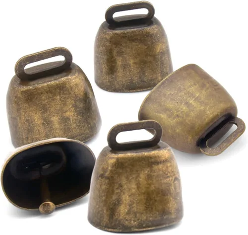 Miniatura 8 de Paquete de 5 pequeñas campanas de cobre de pastoreo de latón, mini campanas de oveja de vaca para perros, ganado, caballo, granja, campanas Dorado