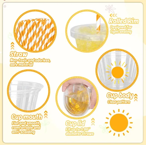 Miniatura 3 de Whaline 100 vasos de plástico desechables estilo bohemio de 9 onzas con tapas y pajitas, lindos vasos de bebida fría con sol amarillo para café