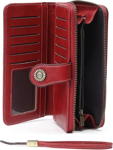 Miniatura 2 de Billetera de cuero para mujer, de gran capacidad, con cremallera, cartera con cremallera para mujer, 1-licor rojo, Moderno