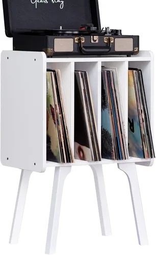 Miniatura 10 de LELELINKY - Soporte pequeño para tocadiscos de 11.7 pulgadas de ancho, mesa de almacenamiento para discos de vinilo color negro con 4 gabinetes