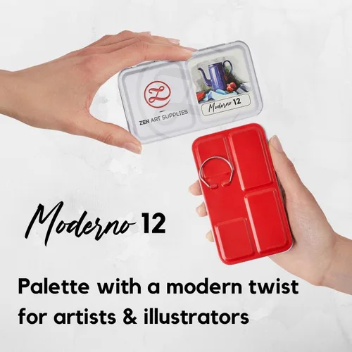 Miniatura 2 de ZenART - Pintura de acuarela moderna profesional, no tóxica, juego de 12 medias bandejas en paleta de lata de metal, juego de viaje portátil