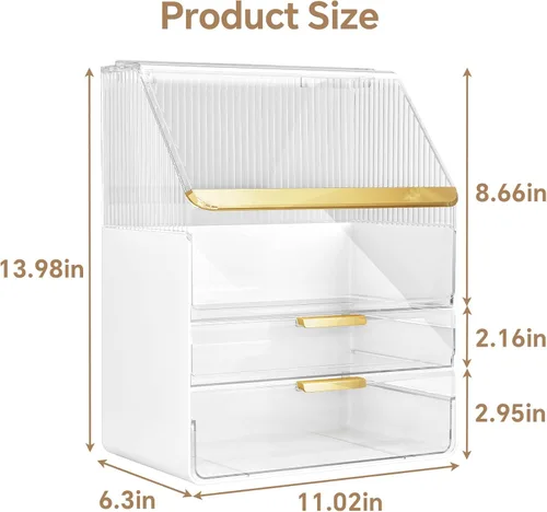 Miniatura 5 de Organizador de maquillaje para encimera con tapa, organizadores de cuidado de la piel para tocador, 3 niveles, almacenamiento de maquillaje