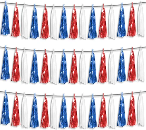 Miniatura 10 de 3P Guirnalda de borlas metálicas con flecos de oro blanco y azul marino, banderines de borlas para desfiles, despedidas de soltera, bodas, Azul Oro