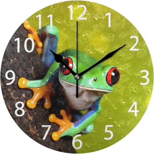 Reloj de pared redondo con diseño de rana de árbol de ojos rojos, pintura al óleo silenciosa sin tictac, decorativo para el hogar, oficina, escuela,