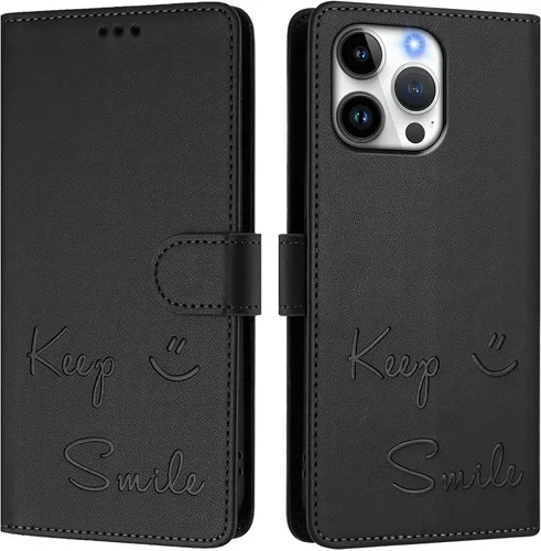 Miniatura 3 de Flip Wallet Case for Motorola Moto E32 4G (Int'l), Keep Smile Embossed Leather Cover with Card Slots, RFID Blocking, Kickstand, Wrist Strap Black.