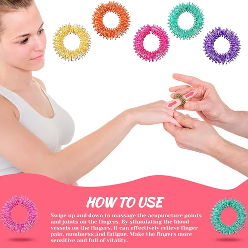 Miniatura 4 de Blulu Juego de 50 anillos de acupresión para aliviar la ansiedad, con pinchos, para adolescentes, adultos, reductor de estrés silencioso y amarillo
