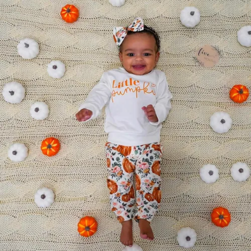Miniatura 2 de Ropa de invierno para bebé niña, sudadera de cuello redondo con diseño de calabaza, pantalones deportivos de flores, diadema para niños pequeños