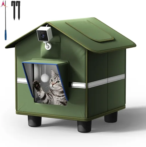 Casa para gatos al aire libre con cámara 2K para un solo gato de hasta 12 libras, refugio aislado a la intemperie, puerta magnética, cámara de doble
