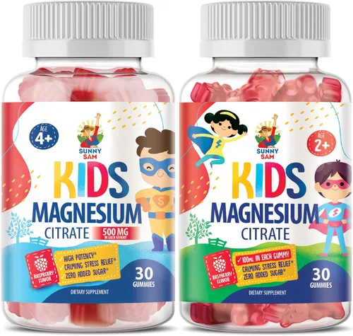 SUNNY SAM Gomitas de magnesio para niños, 100 mg y gomitas de magnesio para niños, 500 mg. Masticables de magnesio, suplemento masticable de citrato