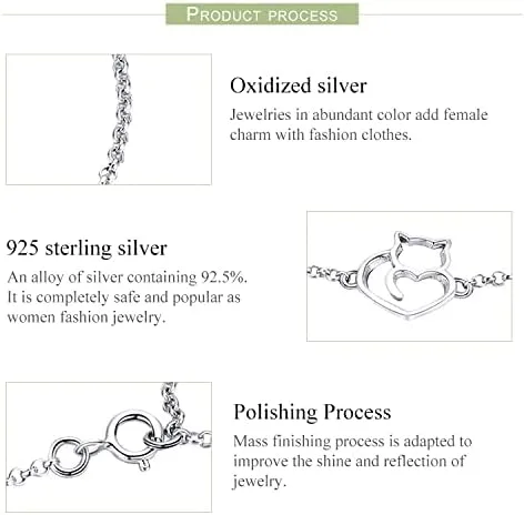 Miniatura 4 de Pulsera de cadena de plata de ley 925 con dije de corazón de amor de gato, pulseras de oro chapadas ajustables con longitud de cadena de 6.5 a 7.9