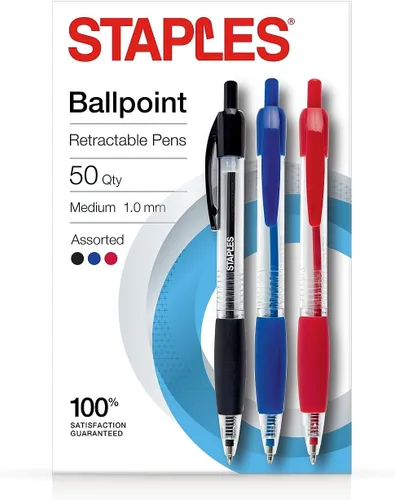 STAPLES Bolígrafos retráctiles con empuñadura, punta media de 0.039 pulgadas, colores de tinta surtidos, paquete de 50 – bolígrafos de escritura