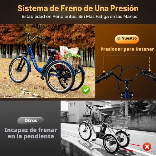 Miniatura 5 de Triciclo eléctrico de 24 pulgadas, triciclo eléctrico para adultos, 350 W (pico 500 W), 7 velocidades, 3 ruedas, bicicletas eléctricas con batería