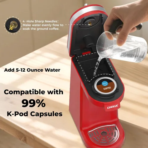 Miniatura 6 de Cafetera Mini CHULUX para Cápsula K, Cafetera de una Sola Porción para Americano de Una Taza, Máquina de Café en Cápsulas Ligera, Roja Rojo