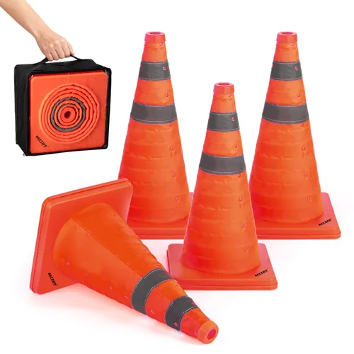 BATTIFE [Paquete de 4] Conos de tráfico de seguridad plegables de 18 pulgadas, conos naranjas, conos emergentes multiusos con collar reflectante,