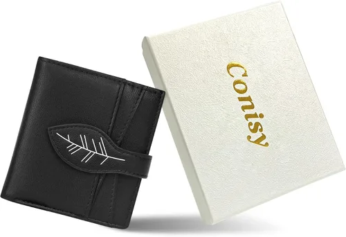 Miniatura 6 de CONISY Cartera pequeña para mujer, con bloqueo RFID, de piel, delgada, plegable, bolsillo frontal, cartera para mujer con cremallera, Negro