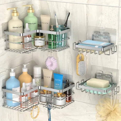 Miniatura 10 de Organizador de ducha esquinero, paquete de 4 estantes adhesivos para ducha con soporte para jabón, sin perforaciones, organizador de ducha de baño a