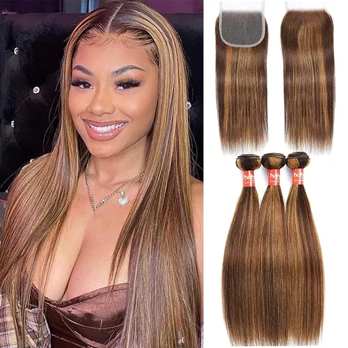 Miniatura 17 de Extensiones de cabello humano marrón con reflejos de Haha con cierre, extensiones lisas con cierre ombre, extensiones de cabello humano con cierre