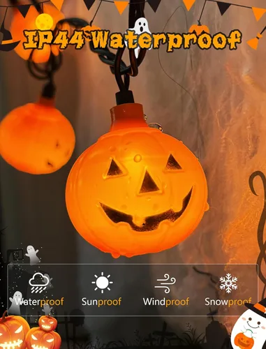 Miniatura 5 de Luces de calabaza de Halloween para exteriores, 10 luces LED de calabaza de 8.5 pies, impermeables, calabazas iluminadas para interiores y Linda