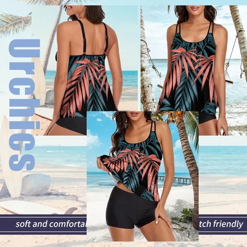 Miniatura 2 de Urchics - Traje de baño 2023, para mujer, tankini de dos piezas, con control de abdomen, camiseta fluida sin mangas, con short