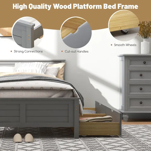 Miniatura 7 de GOFLAME - Base de cama tamaño individual con 2 cajones, base de plataforma con cabecera y estribo de madera maciza, listones de madera para soporte