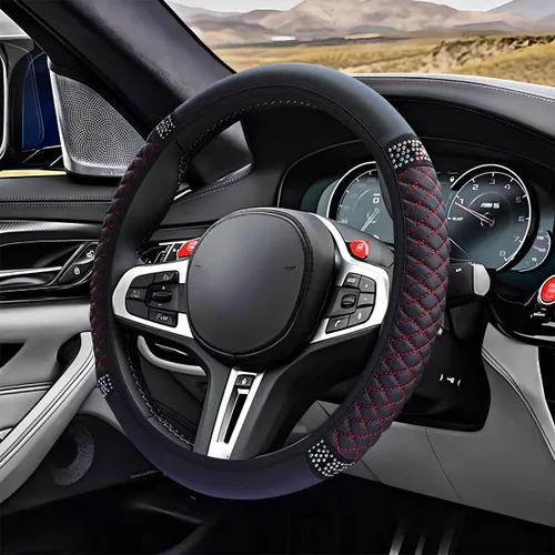 Miniatura 12 de ZIMISI Funda de volante de cuero suave con diamantes brillantes, protector de volante antideslizante de 15" con cristales brillantes para automóvil