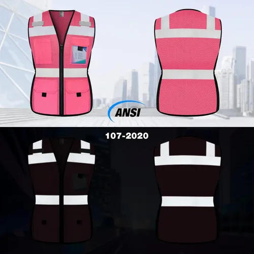 Miniatura 2 de TCCFCCT Chaleco de seguridad para mujer, chaleco reflectante de malla de 11 bolsillos con cremallera, chaleco de trabajo de construcción de neón