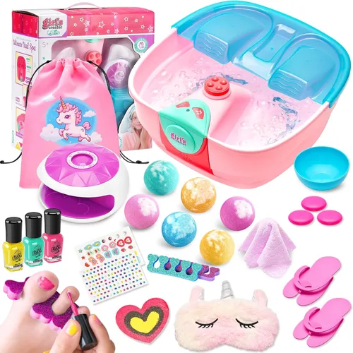 Kit de Día de Spa para Niñas, Spa de Pies con Secador de Uñas y Bombas de Baño, Spa de Pies para Niñas con Tina de Remojo de Pies con Música y Set