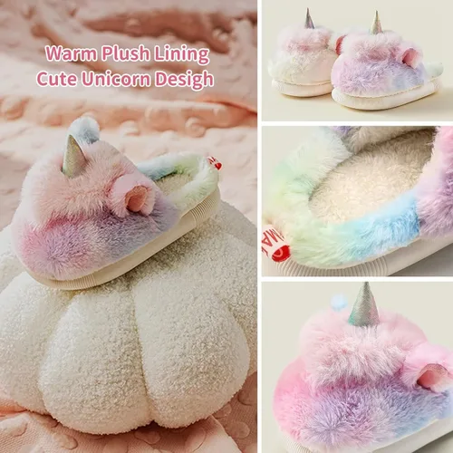Miniatura 2 de Yooname Cute Unicorn Dinosaur Plush Warm Slippers for Kids Toddlers Girls Boys, Winter Cozy House Non-slip Slippers for Indoor Outdoor,Unicorn Gift