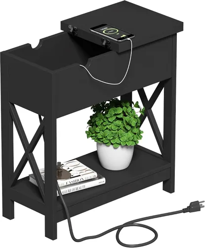 Miniatura 4 de ChooChoo - Mesa auxiliar con estación de carga; mesa auxiliar estrecha con puertos USB y tomas de corriente para espacios pequeños; mesita de noche
