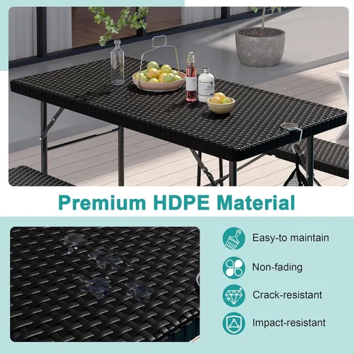 Miniatura 5 de VECELO Mesa de picnic plegable de 3 piezas con 2 bancos, juego de patio de ratán sintético de 47.2 pulgadas con bolsa de malla, resistente al calor