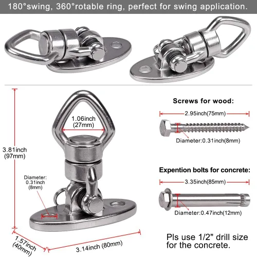 Miniatura 6 de BeneLabel Percha de Columpio con Rodamiento Giratorio de Capacidad de 800 Libras Soporte de Montaje en Techo de Acero Inoxidable Kit Colgante
