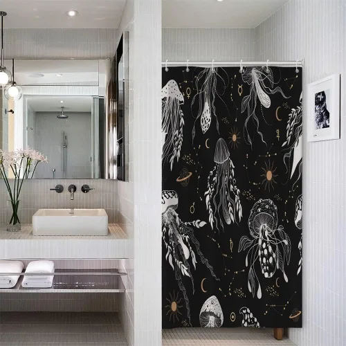 Miniatura 39 de Cortina de Ducha Floral Bohemia Negra Flores de Mediados de Siglo Botánica Moderna Elegante Estética Cortina de Ducha para Decoración de Baño