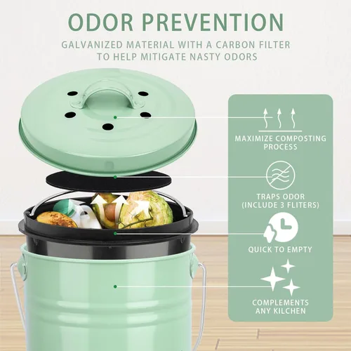 Miniatura 2 de Vipush Contenedor de compostaje para encimera de cocina compostador con tapa, contenedor pequeño de compost, incluye forro interior para cubo