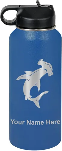 Miniatura 50 de LaserGram Botella de agua personalizada, tiburón martillo, acero inoxidable de doble pared aislada al vacío con popote superior, regalo grabado