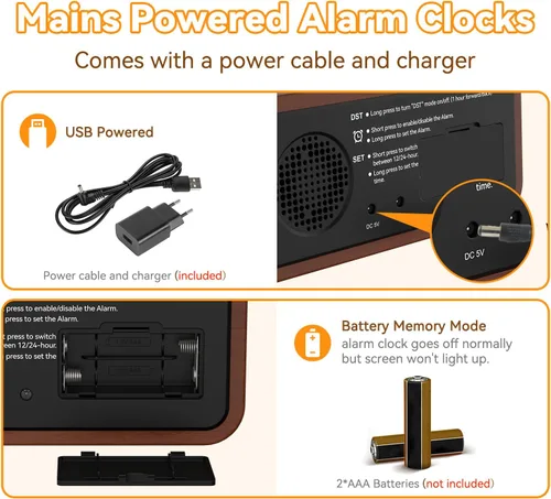Miniatura 7 de Alarm Clock Loud for Deep Sleepers, Wooden Alarm Clock with LED Display, 12 Alarm Ringtones, 5 Brightness Adjustable, 5 Volumes, Manual DST, Brown