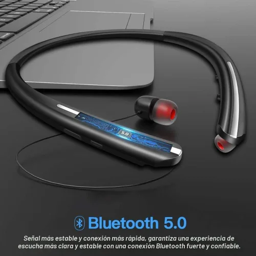 Miniatura 6 de Auriculares Bluetooth retráctiles con banda para el cuello, auriculares inalámbricos de ajuste cómodo de 20 horas con carrete automático, Negro