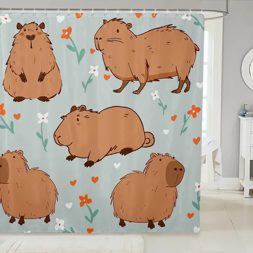 Manfei Cortinas de ducha de Capybara de dibujos animados para niños, divertidas cortinas de baño de animales de América del Sur para niños, niñas y