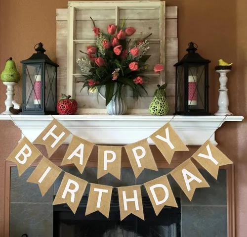Miniatura 6 de Cartel de feliz cumpleaños de arpillera con letras negras rústicas banderines banderines de cumpleaños guirnalda banderas para decoraciones