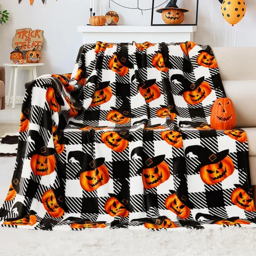Touchat Manta de Halloween, manta de forro polar, manta a cuadros de búfalo para sofá, cama, suave, cálida, acogedora, manta de felpa a cuadros,