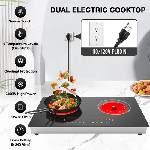 Miniatura 3 de Cocina eléctrica, 110 V, 2400 W, 2 quemadores, encimera y estufa integrada con 9 niveles de potencia, bloqueo de seguridad para niños, temporizador