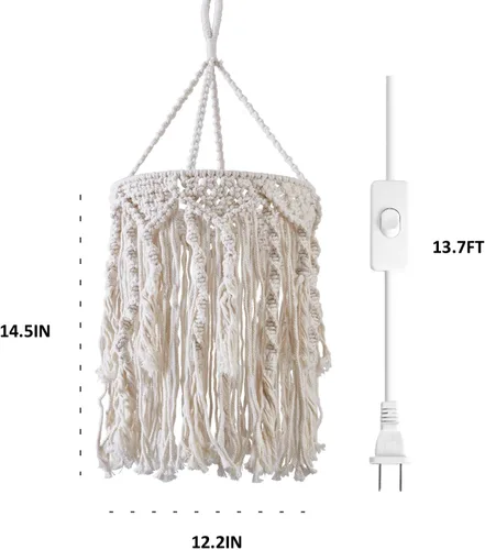 Miniatura 5 de Lámpara colgante bohemia enchufable, luces colgantes de 15 pies con cable de enchufe, lámpara colgante con pantalla de lámpara de macramé hecha a