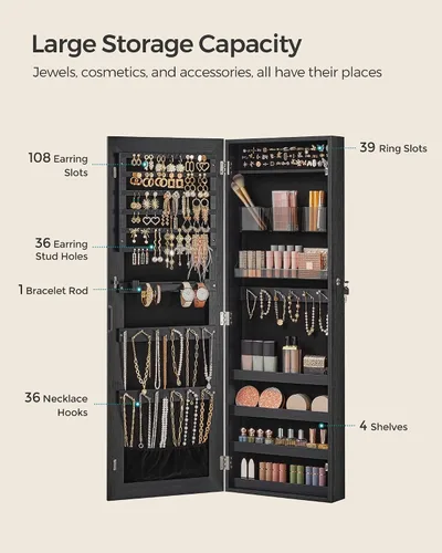 Miniatura 11 de SONGMICS Gabinete colgante de joyería, gabinete de pared con luces interiores LED, organizador de joyas montado en la puerta, espejo de cuerpo Blanco