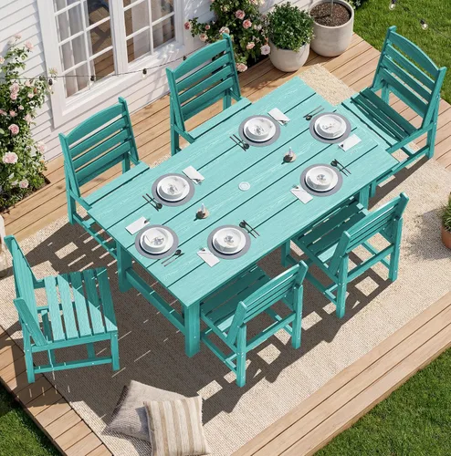Miniatura 49 de SERWALL Juego de Mesa de Comedor de HDPE para Exteriores, Juego de 7 Piezas de Mesa de Comedor al Aire Libre con Mesa con Corte para Agujero de Gris