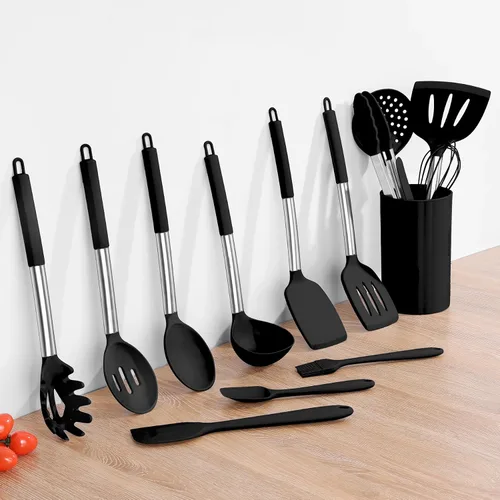Miniatura 9 de Onader Juego de utensilios de cocina, 15 piezas de utensilios de cocina de silicona con soporte y mango de acero inoxidable resistente al calor