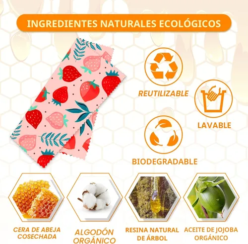Miniatura 2 de Envoltura de cera de abeja reutilizable, paquete de 9 envolturas ecológicas de cera de abeja para alimentos, orgánica, sostenible, biodegradable